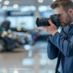 A car salesman is using a camera in a dealership showroom.
