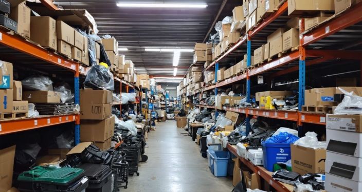 Cluttered warehouse with diverse products available on Temu.